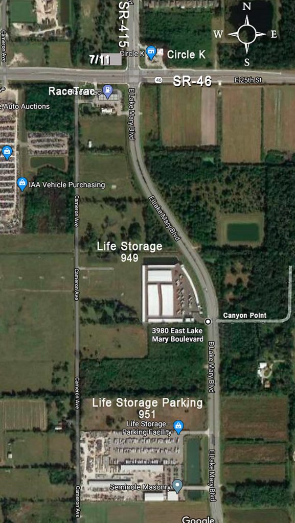 Sanford Florida 951 949 Life Storage Parking Satellite Map, Sr46, E Lake Mary Blvd & Canyon Point