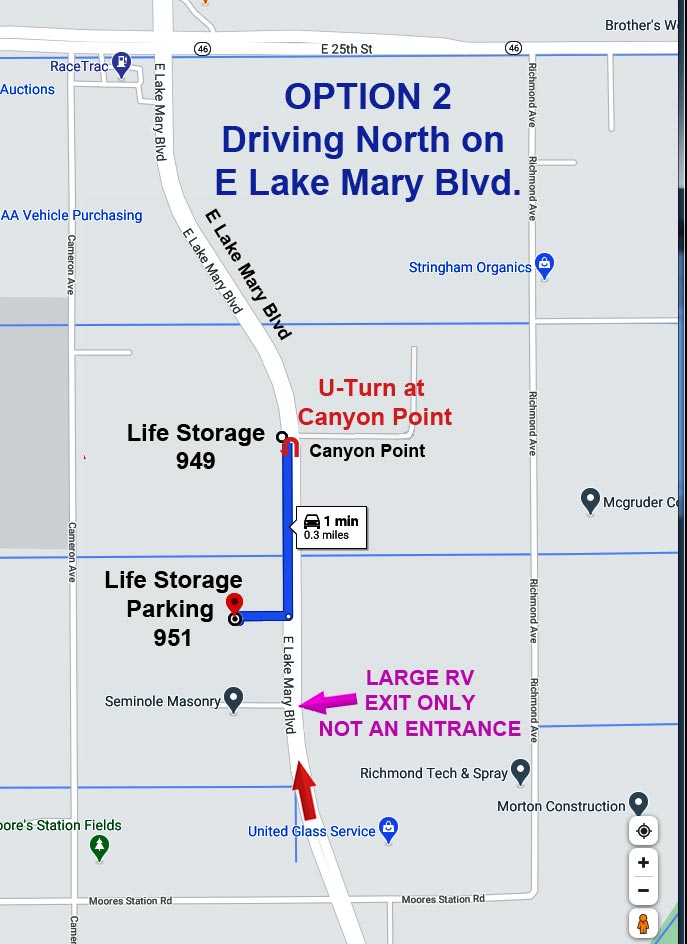 Option 2 Driving North on E Lake Mary Blvd to Sanford, Florida 951 Life Storage Parking